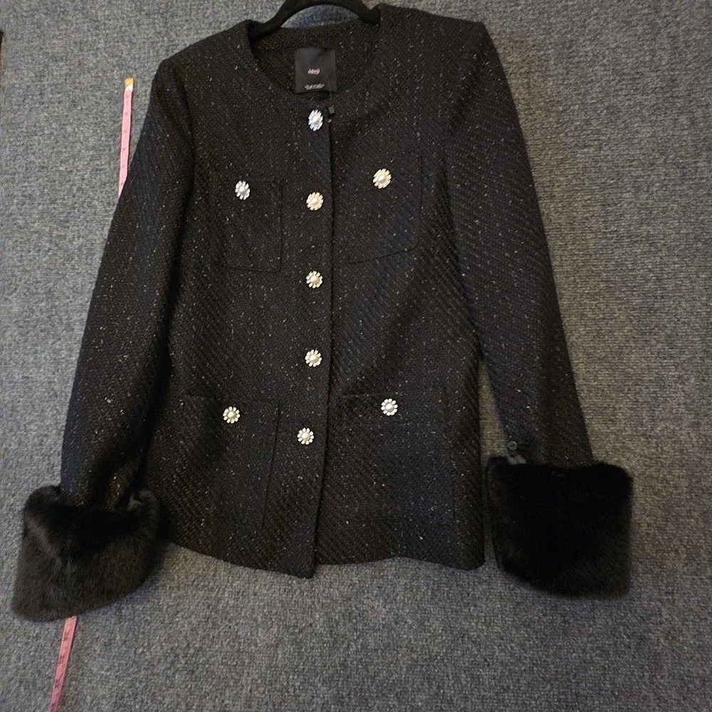 MNG Jacket Womens Medium Black Tweed Faux Fur Cuff Pearl Button Long Sleeve